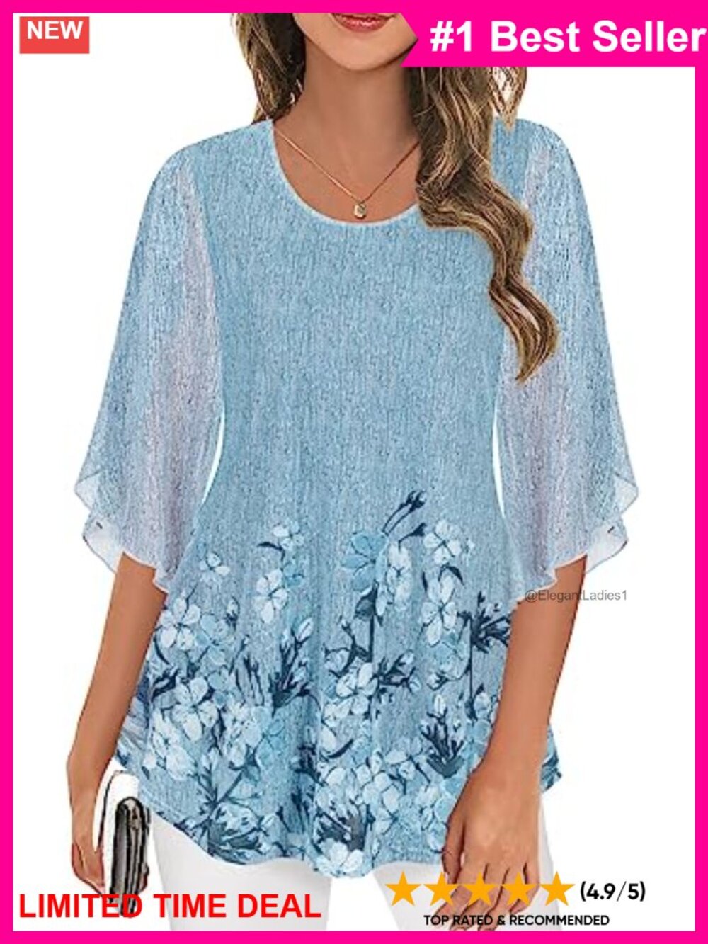 Ninedaily 3/4 Sleeve Mesh Tunic Blouse Sheer Tank Casual Dressy Top
